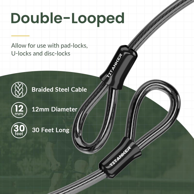 Titanker Bike Lock Cable,12mm Thick Security Cable with Loops Heavy Duty Steel Cable Vinyl Coated Bike Cable Lock Security Chain (4ft, 7ft, 15ft, 30ft) - Image 4